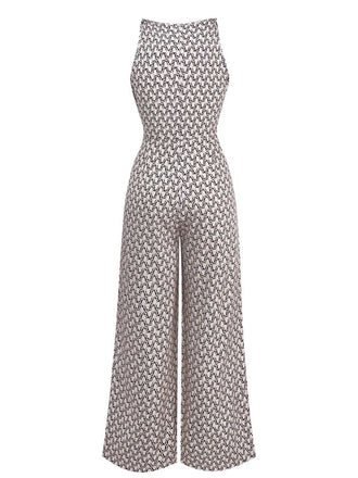 1970er Ärmellos Geometrischer Druck Taille-Bogen Jumpsuit