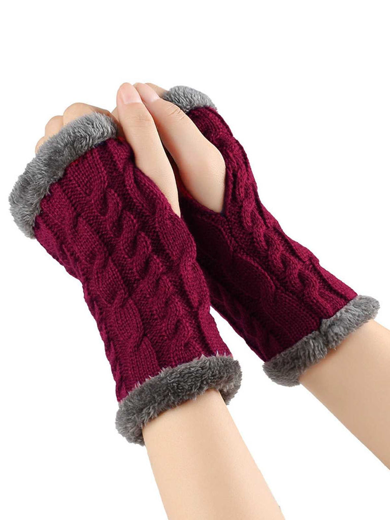 Winter Kunstpelzbesatz Stricken Fingerlos Handschuhe