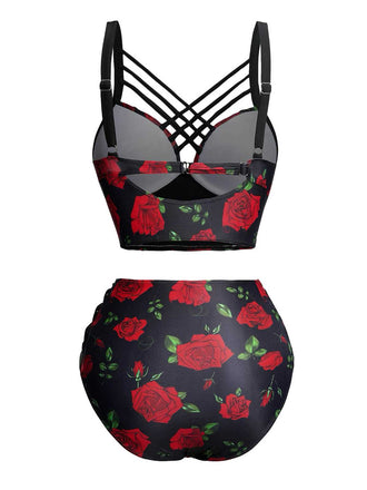 Schwarz 1980er Träger Roses Gothic Bikini Set
