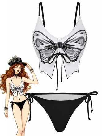 1970er Schmetterling Spaghetti Träger Schnürung Bikini Set