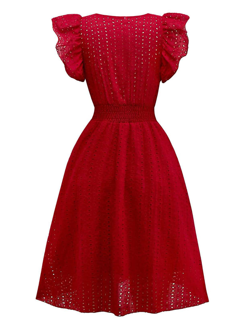 1940er Solide Baumwolle Ausgeschnitten Gesmokt Rüschen Kleid