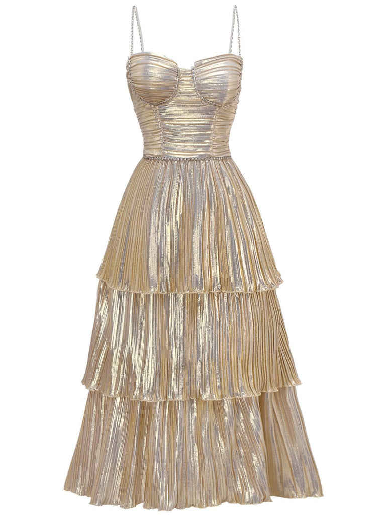 Gold 1930er Metallisch Abgestuft Spaghetti Träger Kleid