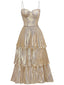 Gold 1930er Metallisch Abgestuft Spaghetti Träger Kleid