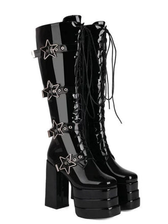 Glänzend schwarze Stern Taste Gothic Platform High Heels Stiefel