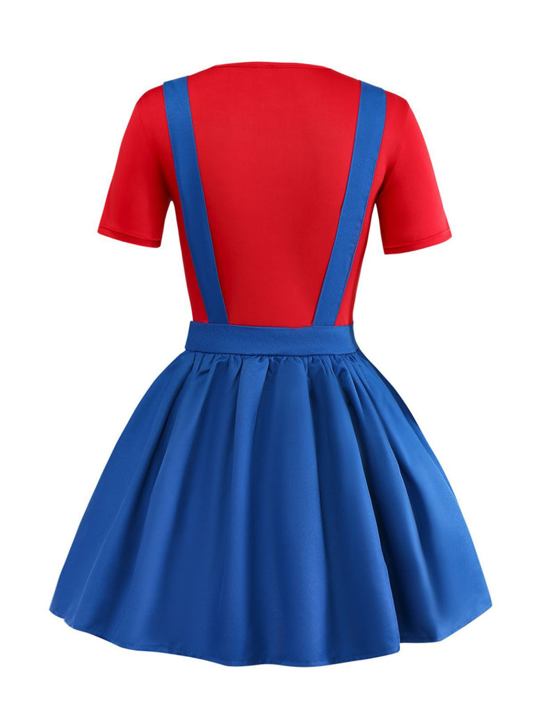 Rot & Blau 1970er Mario Latzkleid Set Mit Hut