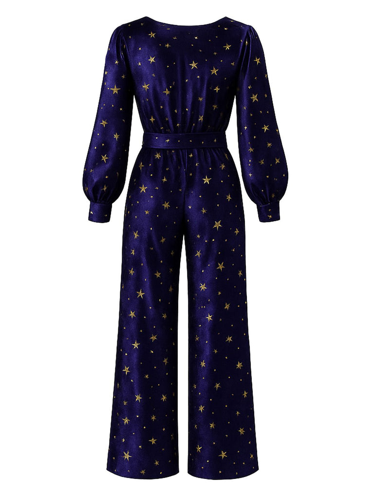 [Vorverkauf] Tiefblau 1950er Stern V-Ausschnitt Weites Bein Samt Jumpsuit