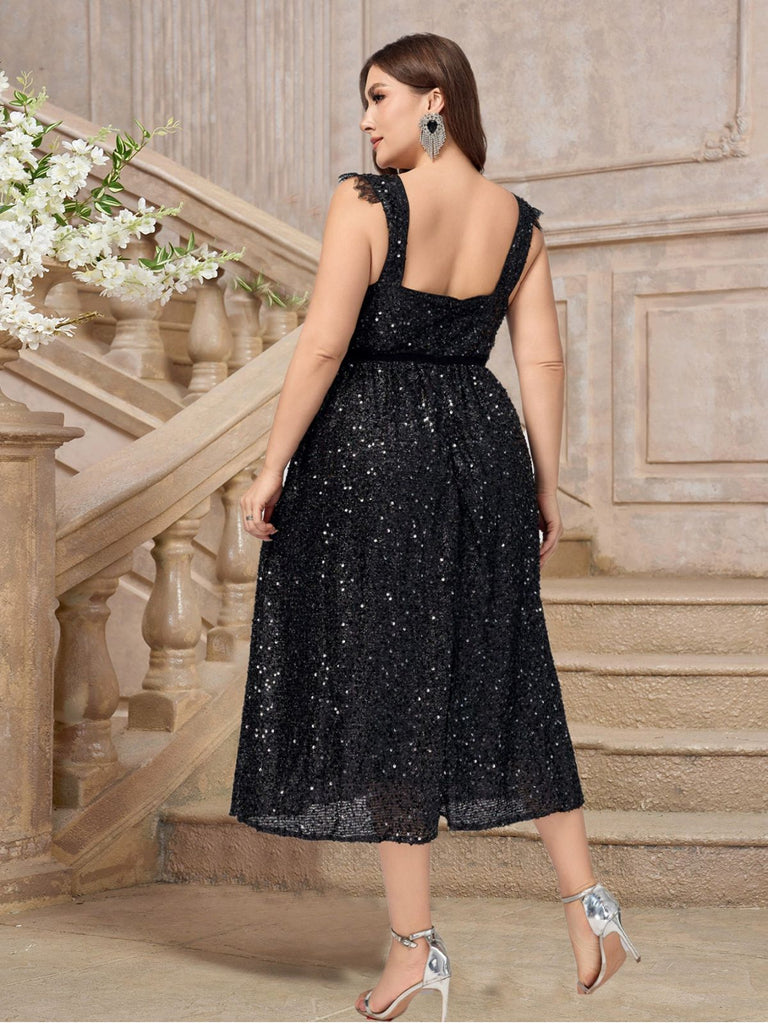 [Übergröße] Schwarz 1940er Pailletten Spitze Herzförmiger Hals Kleid