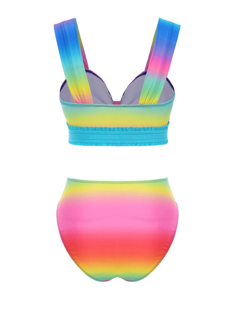 Multicolor 1960er Regenbogenverlauf Gerüschtes Bikini Set & Cover-Up