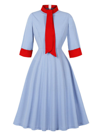 Blau 1950er Kontrast Bindehals Hoch Kragen Kleid