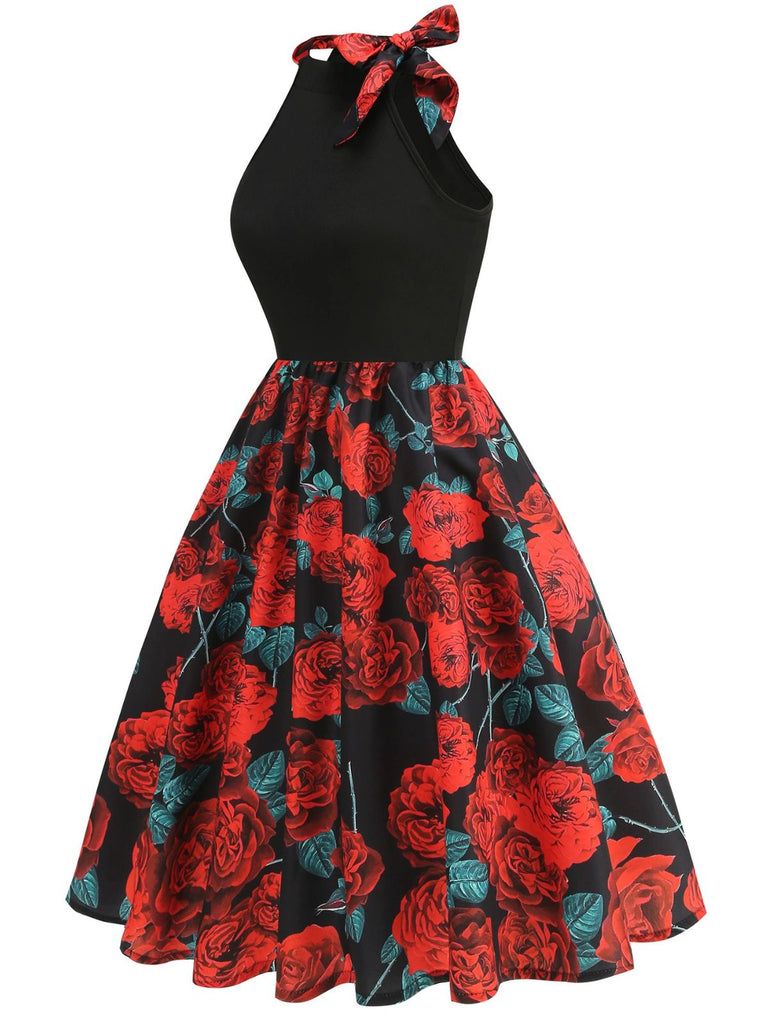Rot 1950er Rose Ärmellos Patchwork Kleid
