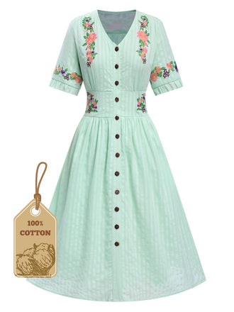Grün 1940er V-Ausschnitt Knöpfen Baumwolle Blumen Kleid