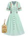Beige 1940er V-Ausschnitt Knöpfen Blumen Kleid
