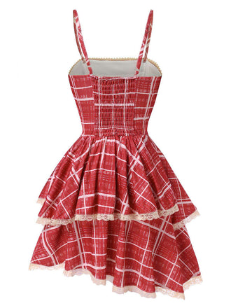 Rot 1960er Unregelmäßiger Lagensaum Plaid Träger Kleid