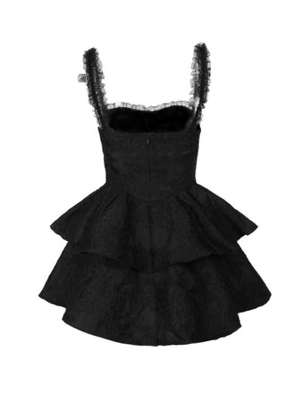 Schwarz 1950er Quadratischer Hals Spitze Kreuzen Bubble Kleid