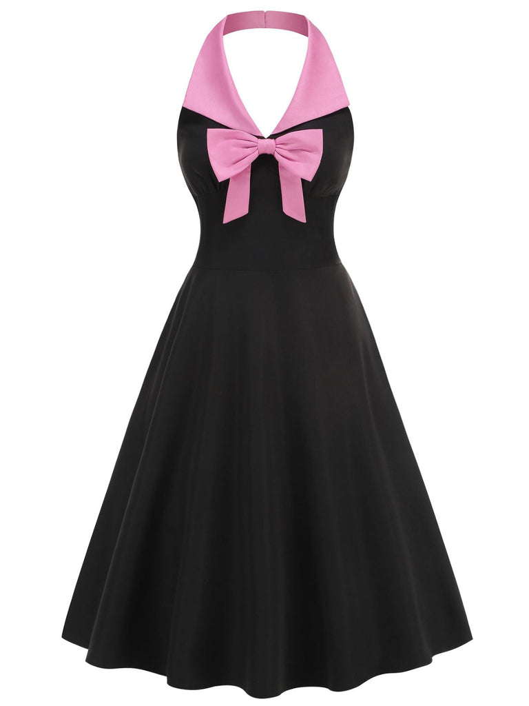 Schwarz 1950er Halter Bogen Patchwork A-linie Kleid