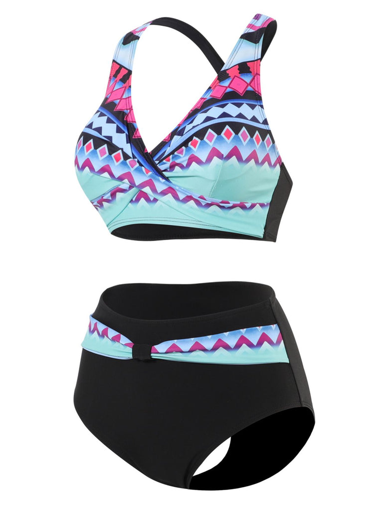 1940er Unregelmäßig bedrucktes Patchwork Bikini Set