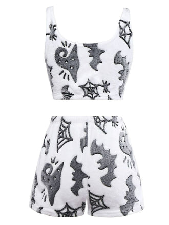 2PCS Weiß 1970er Glühend Halloween Spinne Flanell Pyjama