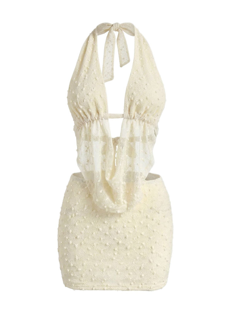 2PCS Beige 2000er Halter Rückenfrei Schnür Rock Set