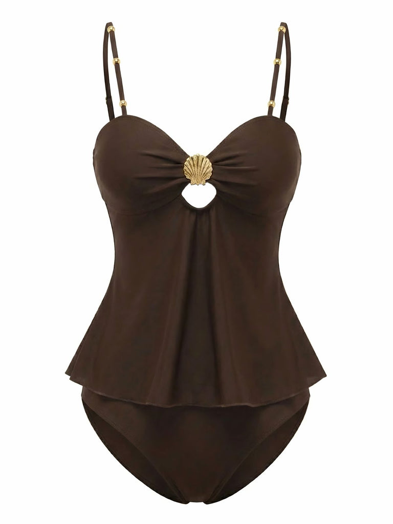 Dunkelbrauner, einfarbiger Tankini im Stil der 1950er Jahre – Vintage-Mode, Retro-Stil