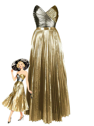 Glamouröser, goldfarbener Metallic-Badeanzug im Stil der 1950er Jahre mit passendem Faltenrock, perfekt für elegante Momente am Pool und in Strandresorts.