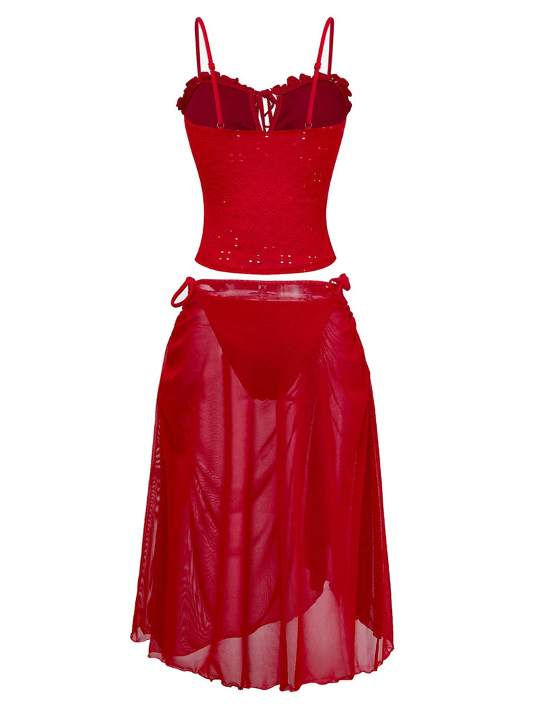 2-teiliges rotes Tankini-Set im Stil der 1960er Jahre mit Rüschen und Ausschnitt – Überwurf von hinten