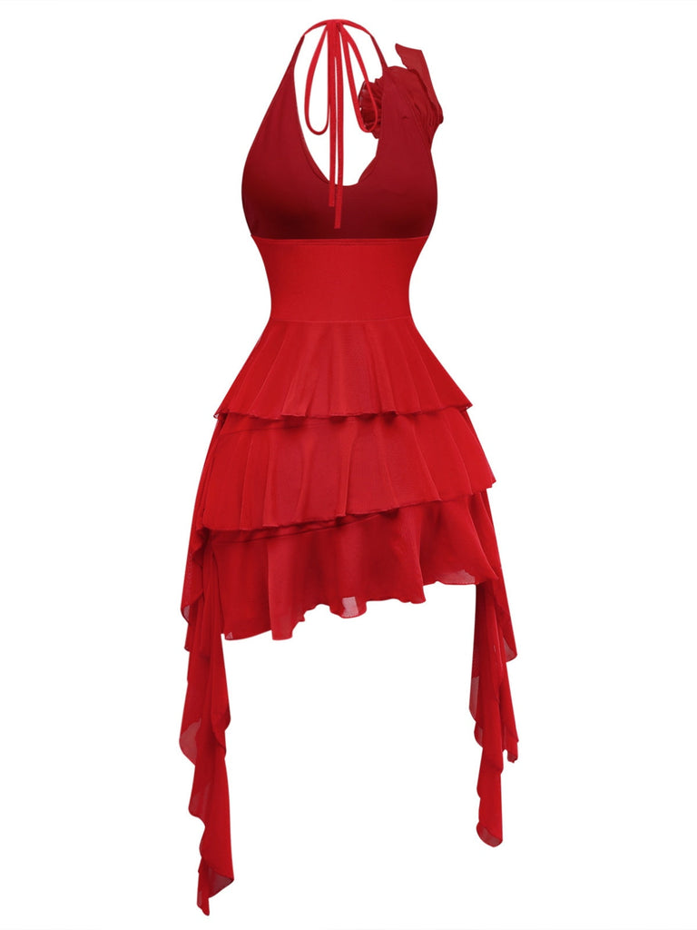 Rot 1960er Rüschen 3D Blumen Schnürung Halter Kleid