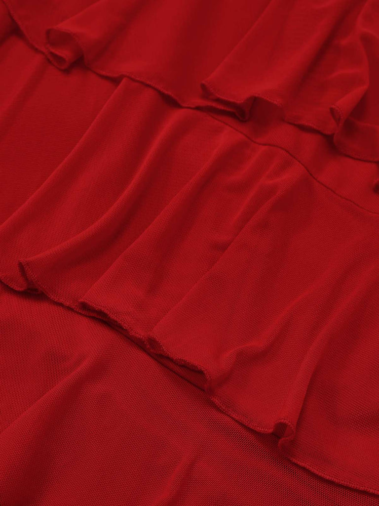 Rot 1960er Rüschen 3D Blumen Schnürung Halter Kleid