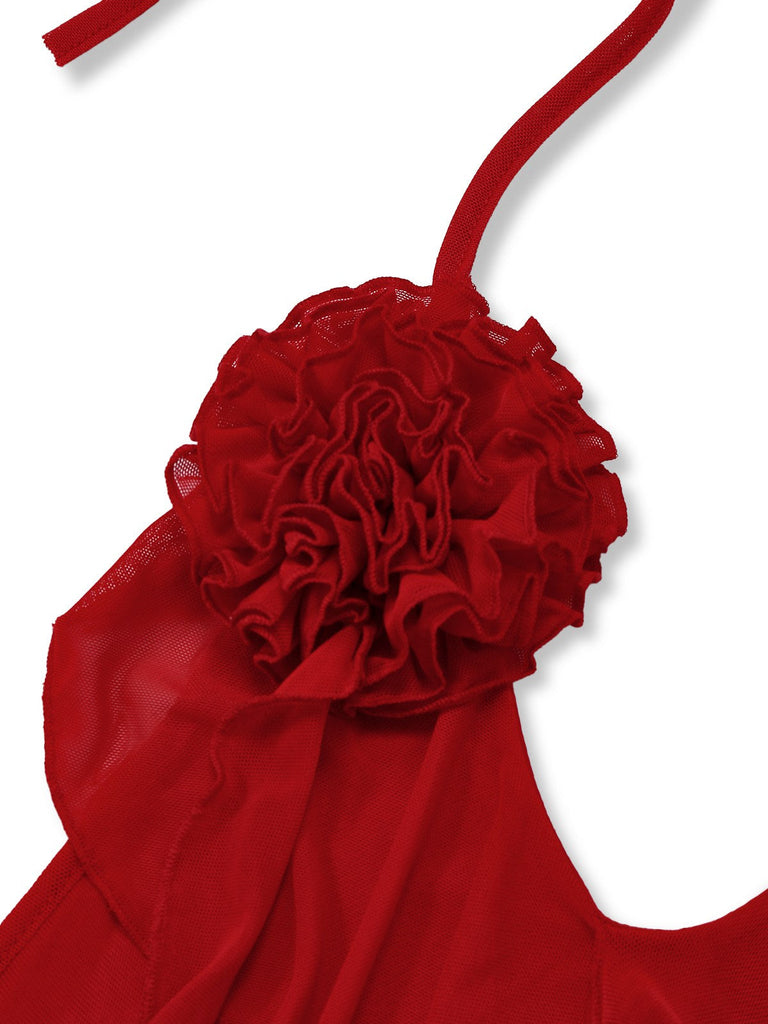 Rot 1960er Rüschen 3D Blumen Schnürung Halter Kleid