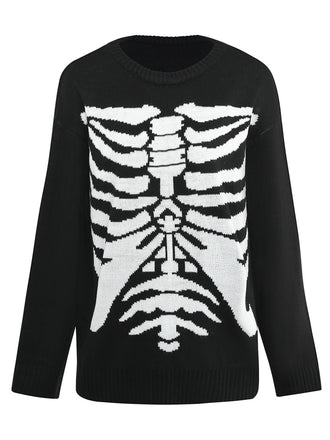 Schwarz 1950er Halloween Skeleton Druck Strick Pullover