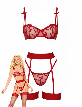 3PCS 1980er Spitze Bogen Detail Wäsche Set