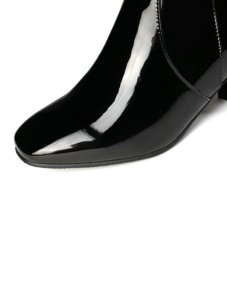 Vintage Patent Leder Block Heel Kniehohe Stiefel