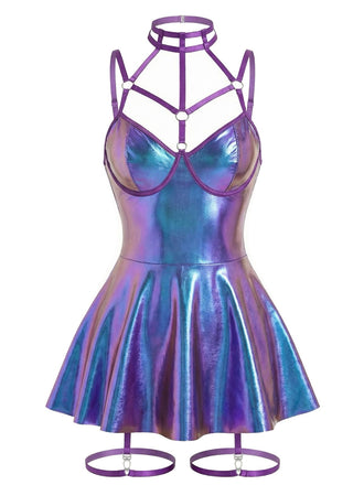 Blau 1970er Lackleder Halter Laser Slip Nachthemd