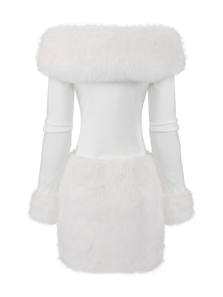 Weiß 1960er Weihnachten Faux Pelzbesatz Schulterfrei Kleid
