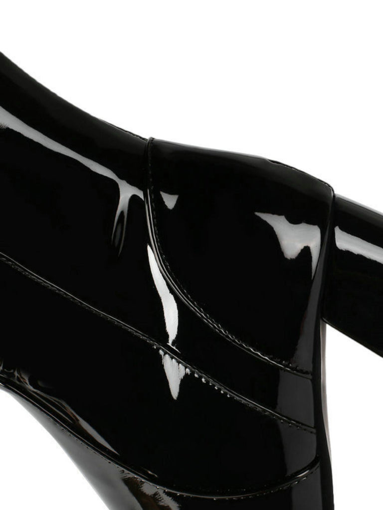 Vintage Patent Leder Block Heel Kniehohe Stiefel