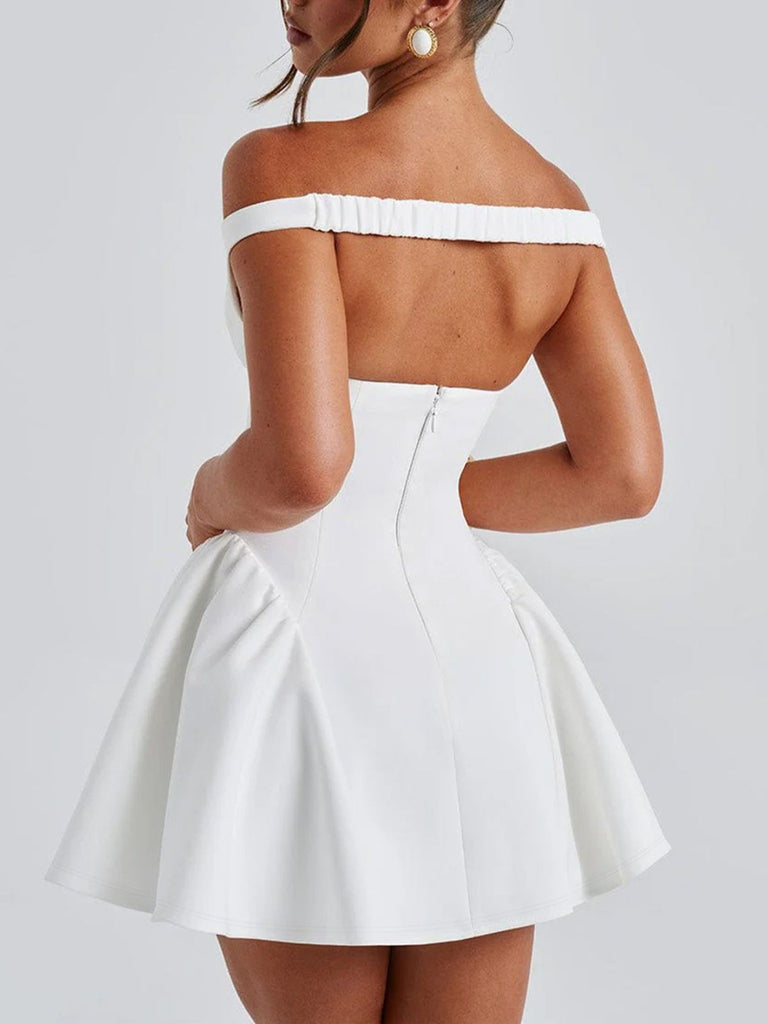 1970er Solide Schulterfrei Tief V-Ausschnitt Skater Kleid