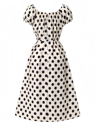 Beige 1940er Polka Dot Puffärmel Kleid