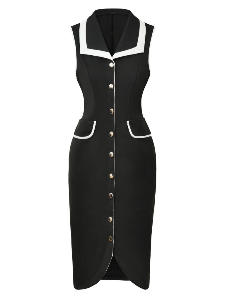 Schwarz 1960er Ärmellos Revers Knopf Enges Kleid