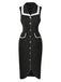 Schwarz 1960er Ärmellos Revers Knopf Enges Kleid
