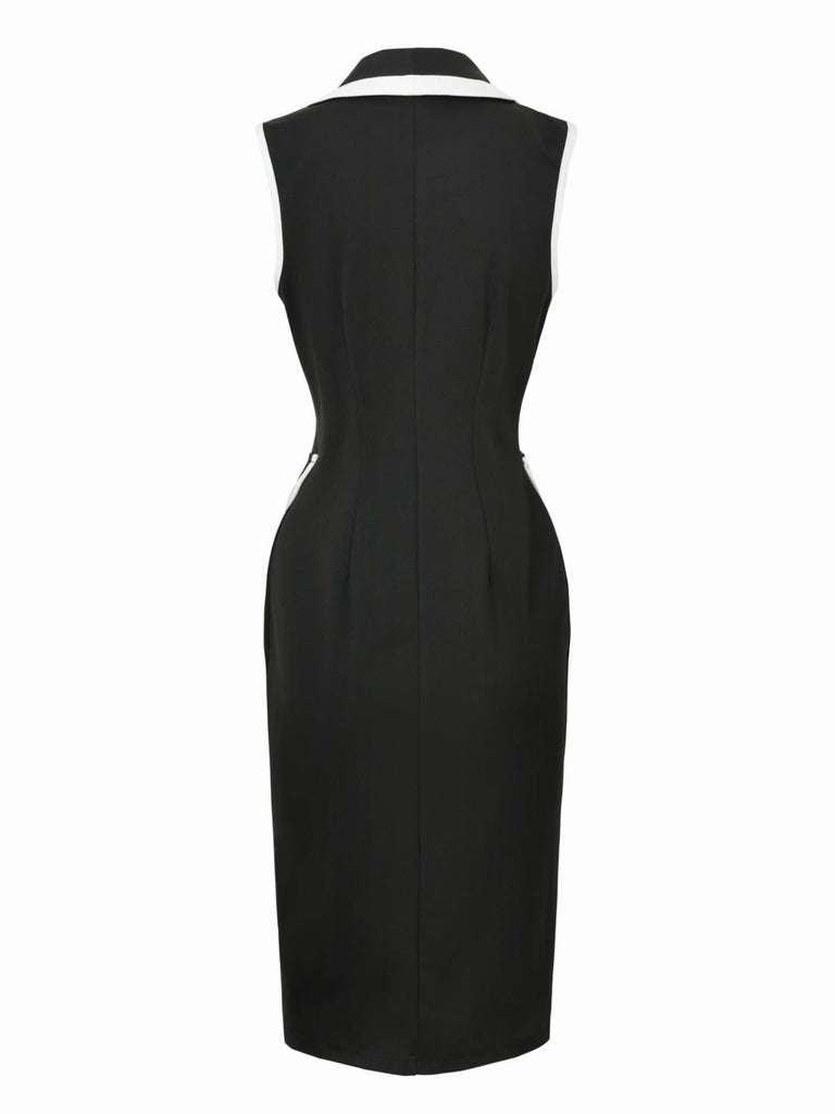 Schwarz 1960er Ärmellos Revers Knopf Enges Kleid
