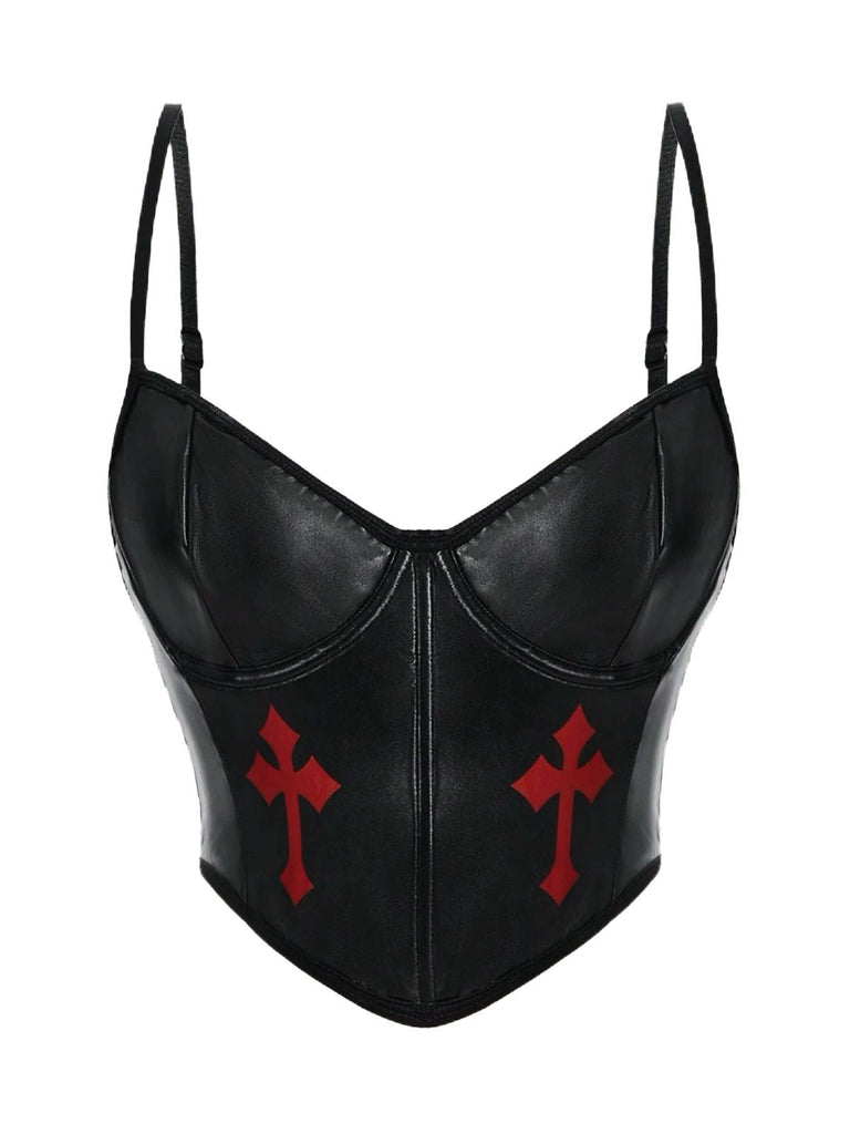 Schwarz 1970er Gothic Kreuzen Kunstleder Cami Top