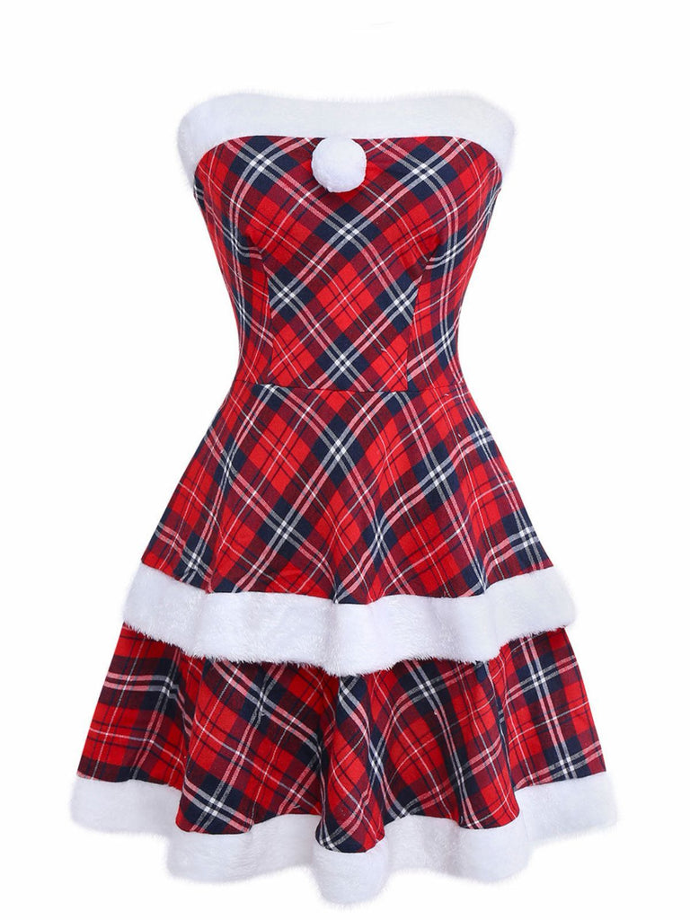 Rot 1960er Plaid Trägerlos Patchwork Kleid Set