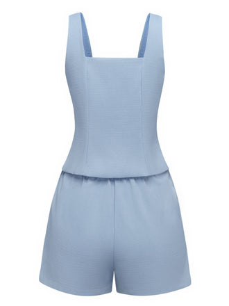 2PCS 1960er Breite Träger Tasten Quadratischer Hals Top & Shorts