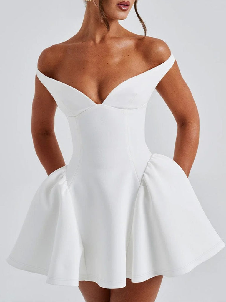 1970er Solide Schulterfrei Tief V-Ausschnitt Skater Kleid