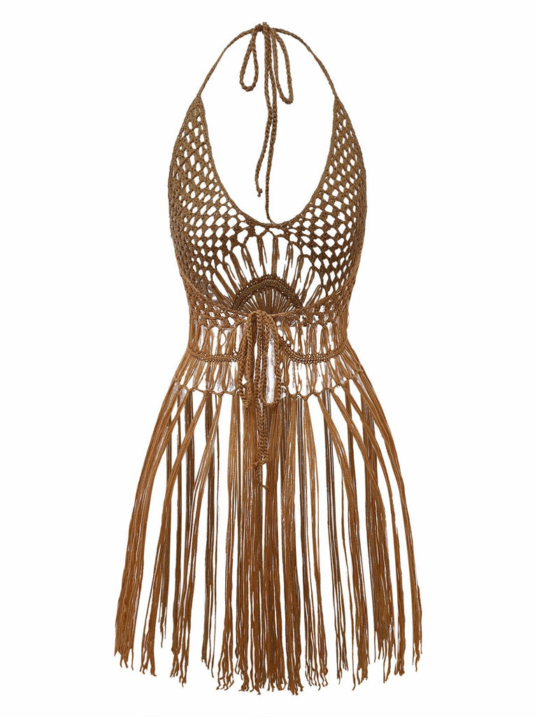1960er Häkeln Fransen Cutout Halter Bikini Cover-Up
