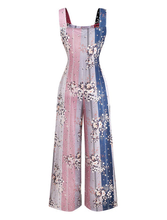 1930er Blumen Farbblock Hohe-Taille Straps Jumpsuit