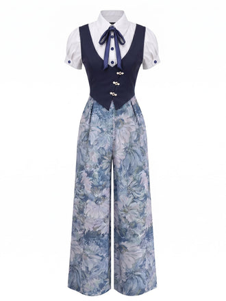 [Vorverkauf] Blaues 30er Jumpsuit im Dreiteiler-Look mit Blumendruck