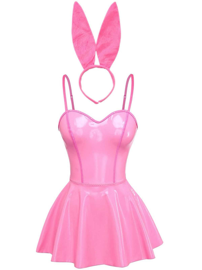 1980er Solide Latex Hasenkostüm Kleid Mit Ohren Stirnband