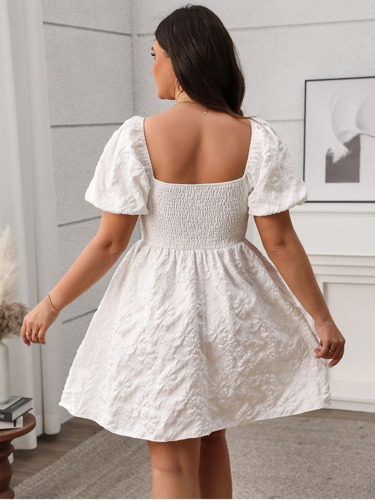 [Übergröße] Weiß 1950er Solide Quadratischer Hals Puff Kleid