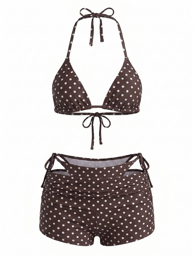 50er Bikini & Shorts mit Polka-Dots und Neckholder