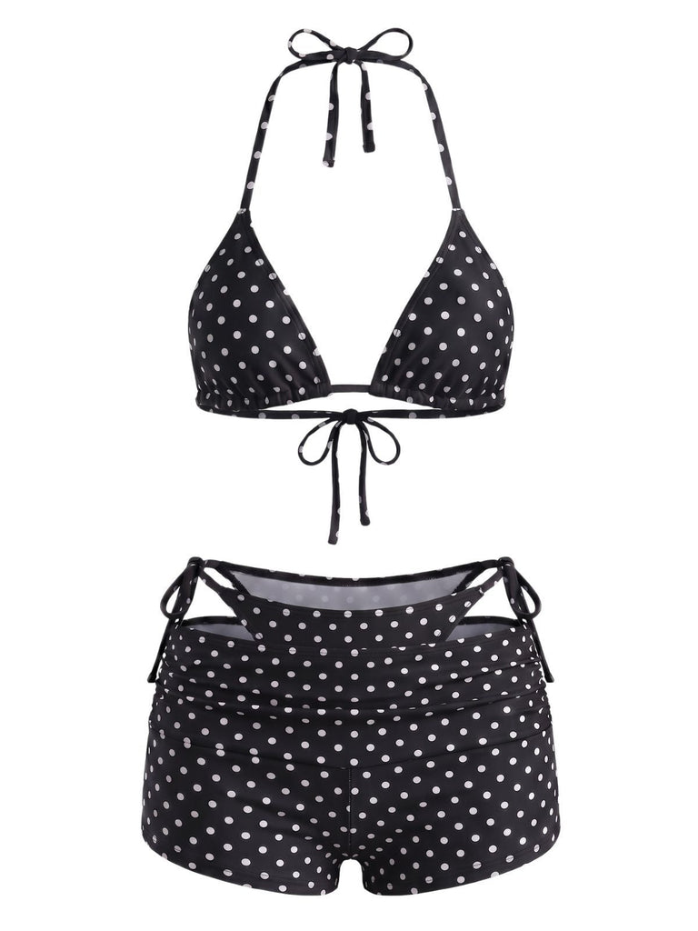 50er Bikini & Shorts mit Polka-Dots und Neckholder